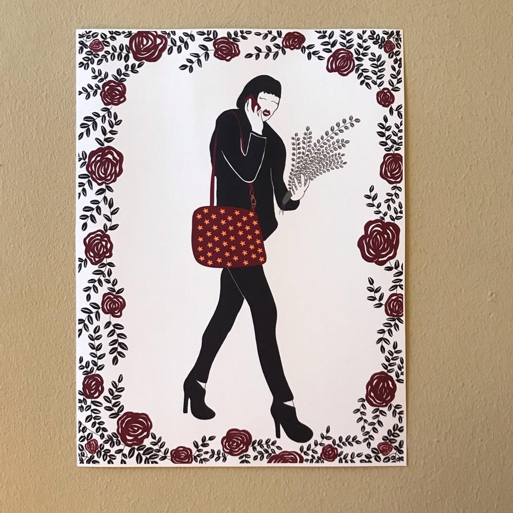 Original Art Print Girl with phone and flowers